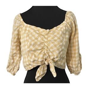Tan Gingham Cottagecore Tie Crop Top Puff Sleeve Milkmaid Picnic Coquette Large
